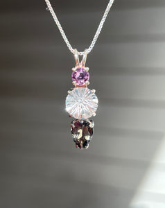 Clear Quartz Super Nova necklace with Purple Sapphire and RARE Gray Tourmaline Pear