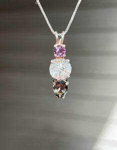 Clear Quartz Super Nova necklace with Purple Sapphire and RARE Gray Tourmaline Pear