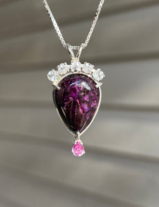 Magnificent Sugilite necklace with Phenacite crown and Pink Sapphire