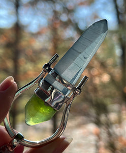 Aqua Aura Lemurian Quartz point pendant with Electric Peridot