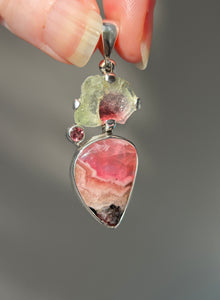 Watermelon Tourmaline slice pendant with Gem Pink Cobalto Calcite and Pink Tourmaline