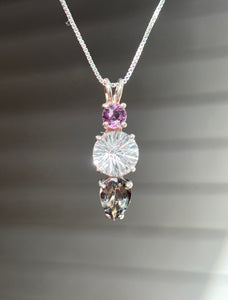 Clear Quartz Super Nova necklace with Purple Sapphire and RARE Gray Tourmaline Pear