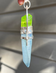 Aqua Aura Lemurian Quartz point pendant with Electric Peridot