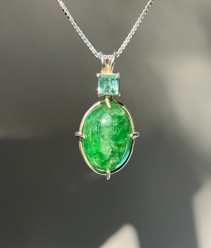 One of a kind - Rare XL Tsavorite Garnet necklace with Indicolite Blue Tourmaline