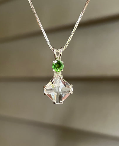 Clear Quartz mini Magician Stone necklace with vivid Tsavorite Garnet