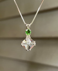 Clear Quartz mini Magician Stone necklace with vivid Tsavorite Garnet