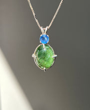 Load image into Gallery viewer, One of a kind - Sparkly Rutile included Gem Green Tourmaline necklace with Vibrant Blue Sapphire