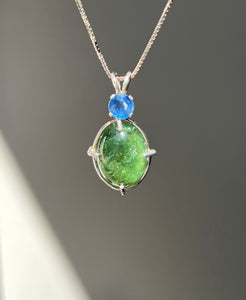 One of a kind - Sparkly Rutile included Gem Green Tourmaline necklace with Vibrant Blue Sapphire