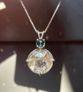 XL Rutile Quartz Radiant Heart necklace with color change Blue and Green Sapphire