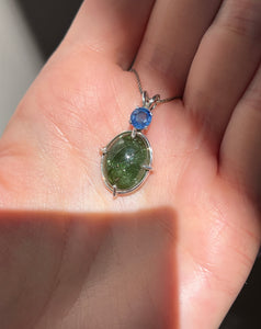 One of a kind - Sparkly Rutile included Gem Green Tourmaline necklace with Vibrant Blue Sapphire