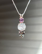 Load image into Gallery viewer, Clear Quartz Super Nova necklace with Purple Sapphire and RARE Gray Tourmaline Pear