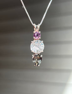 Clear Quartz Super Nova necklace with Purple Sapphire and RARE Gray Tourmaline Pear