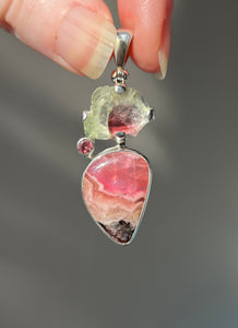 Watermelon Tourmaline slice pendant with Gem Pink Cobalto Calcite and Pink Tourmaline