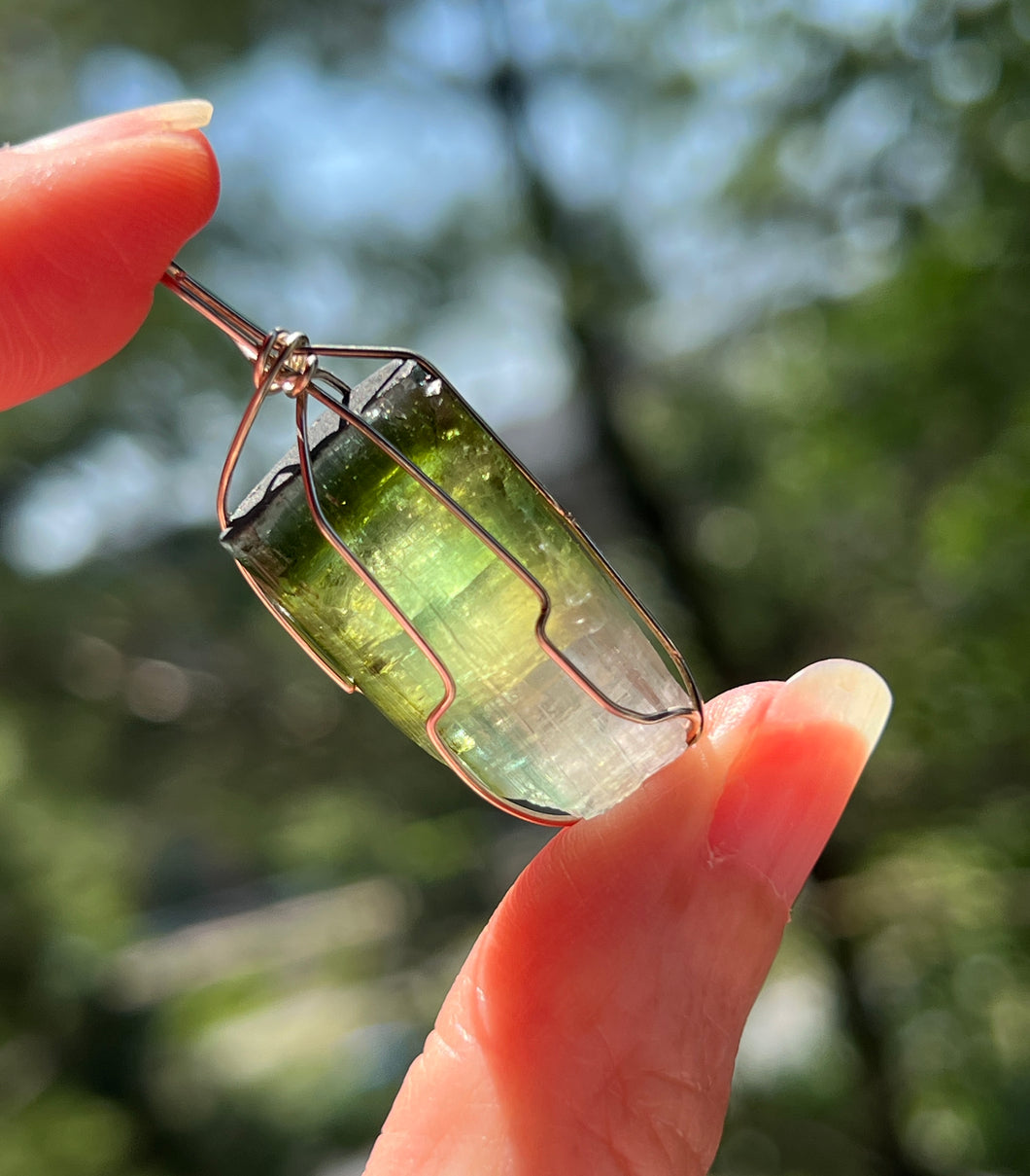 8.5g Blue capped Rainbow Tourmaline Wire Wrapped pendant (Indicolite, Green & Lilac Tourmaline)