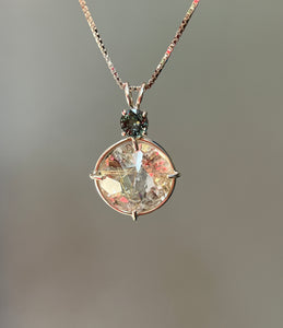 XL Rutile Quartz Radiant Heart necklace with color change Blue and Green Sapphire