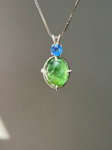 One of a kind - Sparkly Rutile included Gem Green Tourmaline necklace with Vibrant Blue Sapphire