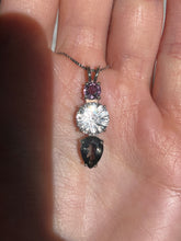 Load image into Gallery viewer, Clear Quartz Super Nova necklace with Purple Sapphire and RARE Gray Tourmaline Pear