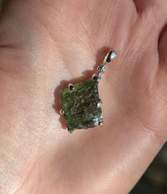 Load image into Gallery viewer, Raw genuine Czech Moldavite diamond shaped pendant with rainbows