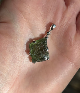 Raw genuine Czech Moldavite diamond shaped pendant with rainbows