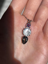 Load image into Gallery viewer, Clear Quartz Super Nova necklace with Purple Sapphire and RARE Gray Tourmaline Pear