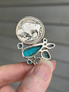 One of a kind - Genuine Buffalo/Native American Head Nickle, Blue Topaz & Nacozari Turquoise pendant