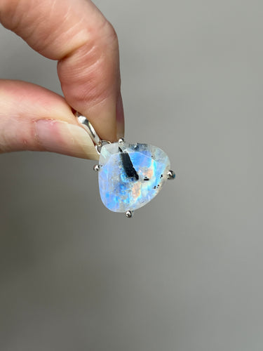 Top quality translucent faceted Rainbow Moonstone pendant with Black Tourmaline