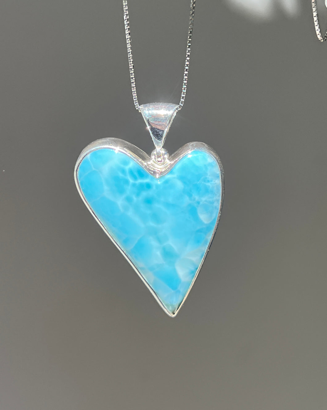 Collectors Drop - 75 carat Top Quality Larimar Heart necklace with 18 inch box chain