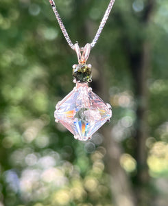 Danburite Magician Stone necklace with RARE Inner Child and Moldavite Crown