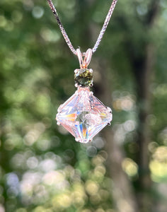 Danburite Magician Stone necklace with RARE Inner Child and Moldavite Crown