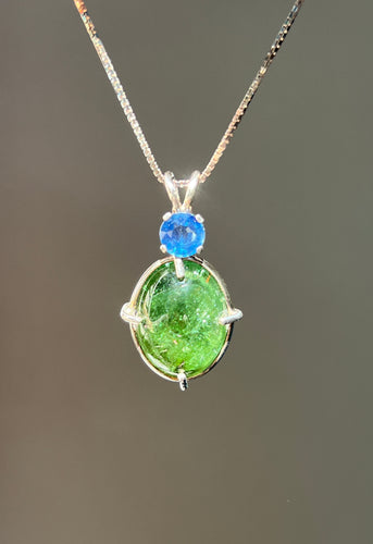 One of a kind - Sparkly Rutile included Gem Green Tourmaline necklace with Vibrant Blue Sapphire