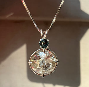 XL Rutile Quartz Radiant Heart necklace with color change Blue and Green Sapphire