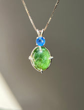 Load image into Gallery viewer, One of a kind - Sparkly Rutile included Gem Green Tourmaline necklace with Vibrant Blue Sapphire