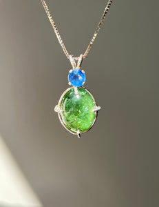 One of a kind - Sparkly Rutile included Gem Green Tourmaline necklace with Vibrant Blue Sapphire