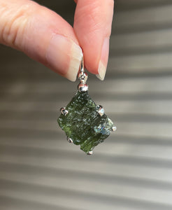 Raw genuine Czech Moldavite diamond shaped pendant with rainbows