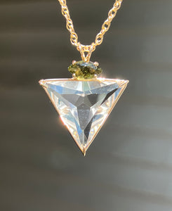 One of a Kind - 14k Yellow Gold Clear Quartz Angelic Star necklace with bubbly Moldavite Marquise cut crown