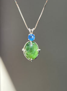 One of a kind - Sparkly Rutile included Gem Green Tourmaline necklace with Vibrant Blue Sapphire