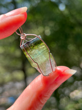 Load image into Gallery viewer, 8.5g Blue capped Rainbow Tourmaline Wire Wrapped pendant (Indicolite, Green &amp; Lilac Tourmaline)