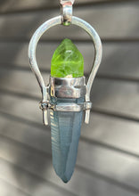 Load image into Gallery viewer, Aqua Aura Lemurian Quartz point pendant with Electric Peridot