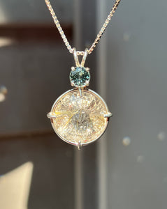 XL Rutile Quartz Radiant Heart necklace with color change Blue and Green Sapphire