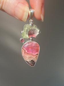 Watermelon Tourmaline slice pendant with Gem Pink Cobalto Calcite and Pink Tourmaline