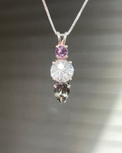 Load image into Gallery viewer, Clear Quartz Super Nova necklace with Purple Sapphire and RARE Gray Tourmaline Pear