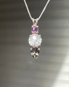 Clear Quartz Super Nova necklace with Purple Sapphire and RARE Gray Tourmaline Pear