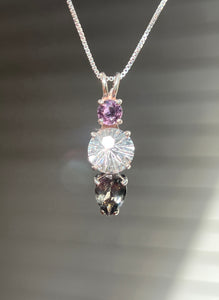 Clear Quartz Super Nova necklace with Purple Sapphire and RARE Gray Tourmaline Pear