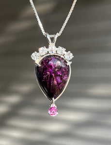 Magnificent Sugilite necklace with Phenacite crown and Pink Sapphire