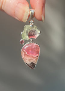 Watermelon Tourmaline slice pendant with Gem Pink Cobalto Calcite and Pink Tourmaline