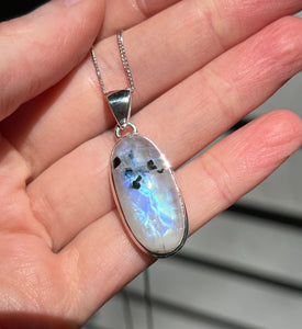 Full flash Rainbow Moonstone pendant with Black Tourmaline