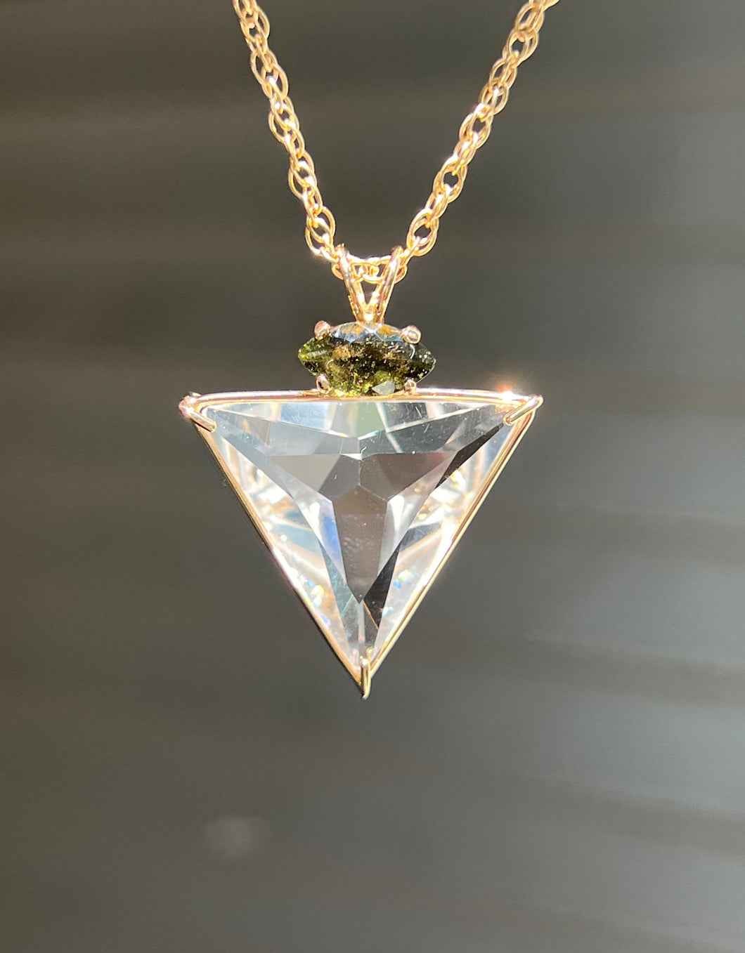 One of a Kind - 14k Yellow Gold Clear Quartz Angelic Star necklace with bubbly Moldavite Marquise cut crown