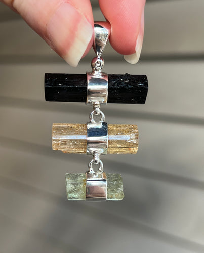 Black Tourmaline, Imperial Topaz & Heliodor trilogy drop pendant