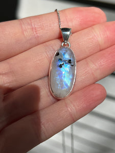 Full flash Rainbow Moonstone pendant with Black Tourmaline