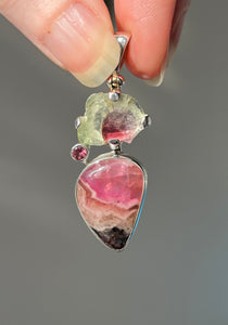 Watermelon Tourmaline slice pendant with Gem Pink Cobalto Calcite and Pink Tourmaline